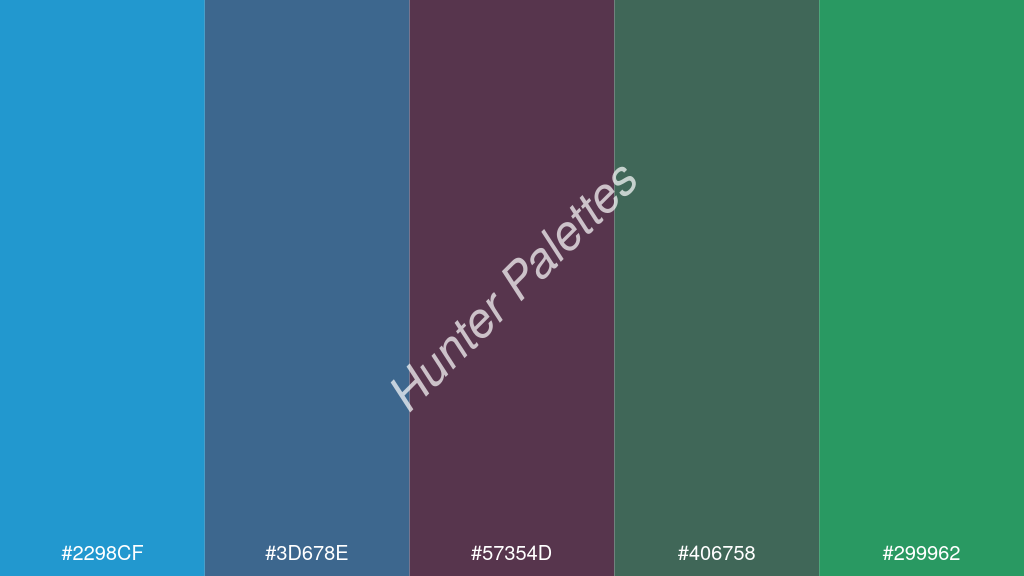 szilva szín palettája a következőkkel: #2298cf #3d678e #57354d #406758 #299962