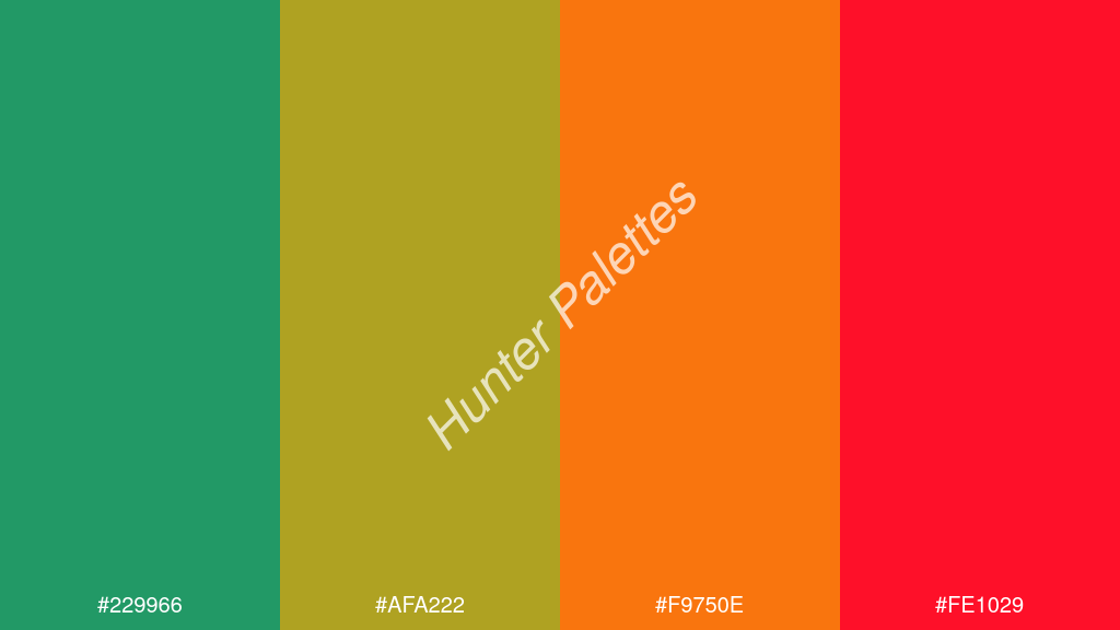mustársárga szín palettája a következőkkel: #229966 #afa222 #f9750e #fe1029