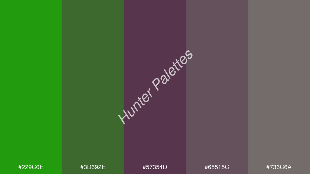 szilva szín palettája a következőkkel: #229c0e #3d692e #57354d #65515c #736c6a