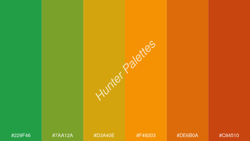 narancssárga szín palettája a következőkkel: #229f46 #7aa12a #d3a40e #f49203 #de6b0a #c84510