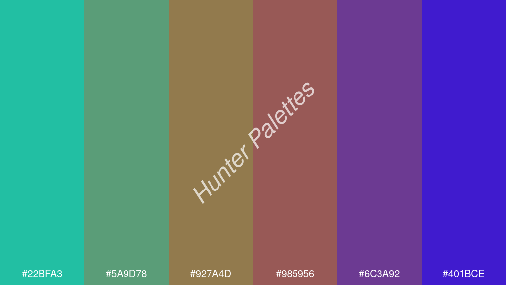 karamell szín palettája a következőkkel: #22bfa3 #5a9d78 #927a4d #985956 #6c3a92 #401bce