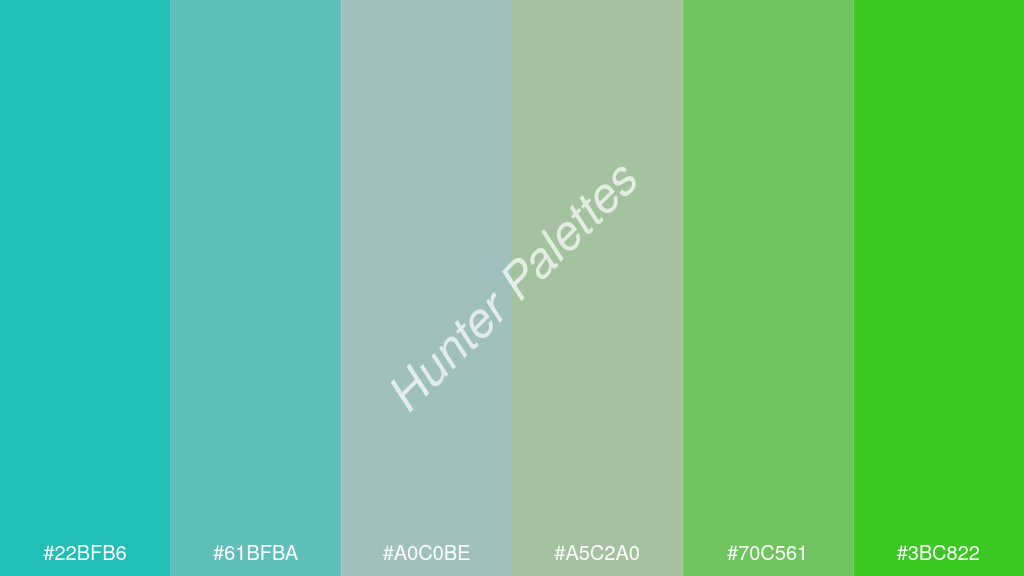 ezüstszürke szín palettája a következőkkel: #22bfb6 #61bfba #a0c0be #a5c2a0 #70c561 #3bc822
