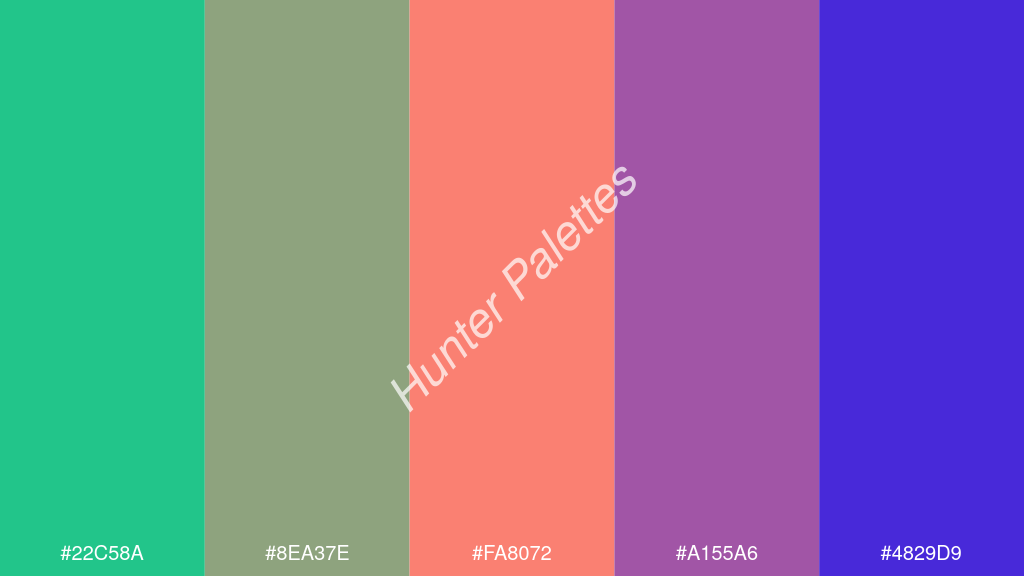 lazac szín palettája a következőkkel: #22c58a #8ea37e #fa8072 #a155a6 #4829d9