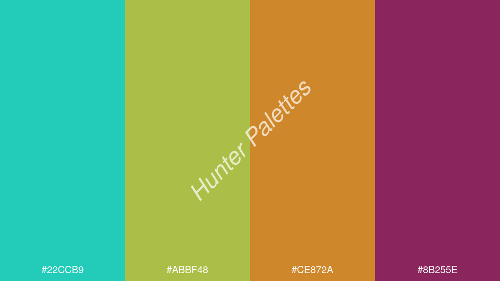 arany szín palettája a következőkkel: #22ccb9 #abbf48 #ce872a #8b255e