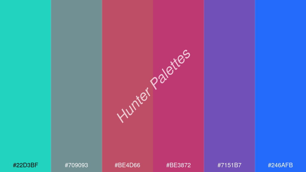 amarant szín palettája a következőkkel: #22d3bf #709093 #be4d66 #be3872 #7151b7 #246afb