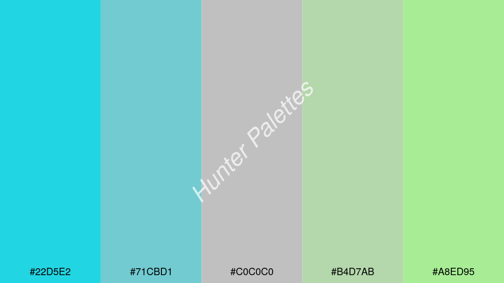 ezüstszürke szín palettája a következőkkel: #22d5e2 #71cbd1 #c0c0c0 #b4d7ab #a8ed95