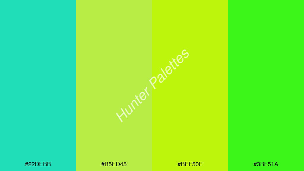 neon sárga szín palettája a következőkkel: #22debb #b5ed45 #bef50f #3bf51a