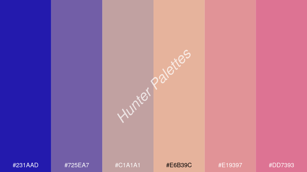 bézs szín palettája a következőkkel: #231aad #725ea7 #c1a1a1 #e6b39c #e19397 #dd7393