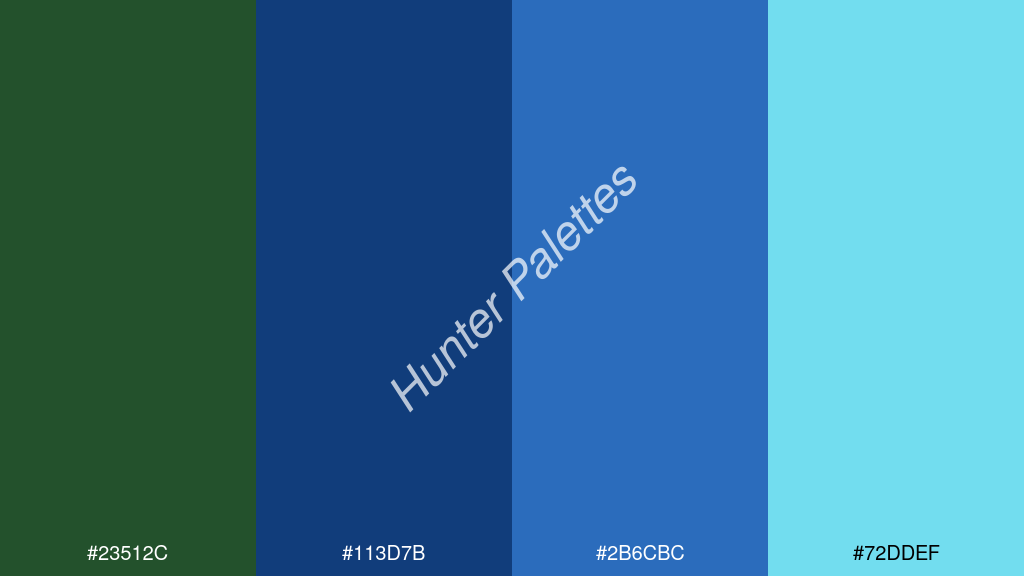 királykék szín palettája a következőkkel: #23512c #113d7b #2b6cbc #72ddef