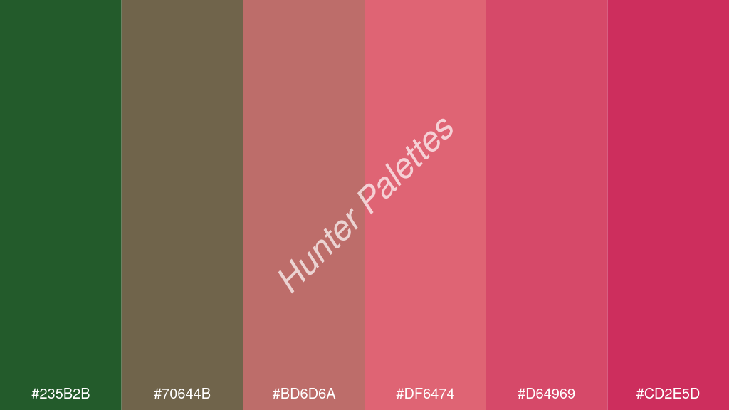 korall szín palettája a következőkkel: #235b2b #70644b #bd6d6a #df6474 #d64969 #cd2e5d