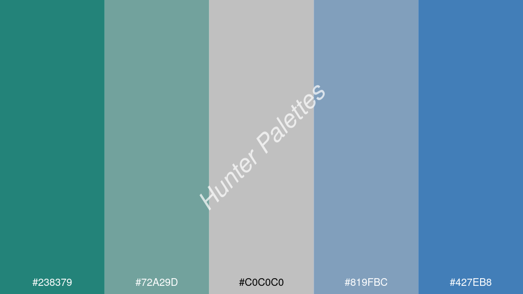 ezüstszürke szín palettája a következőkkel: #238379 #72a29d #c0c0c0 #819fbc #427eb8