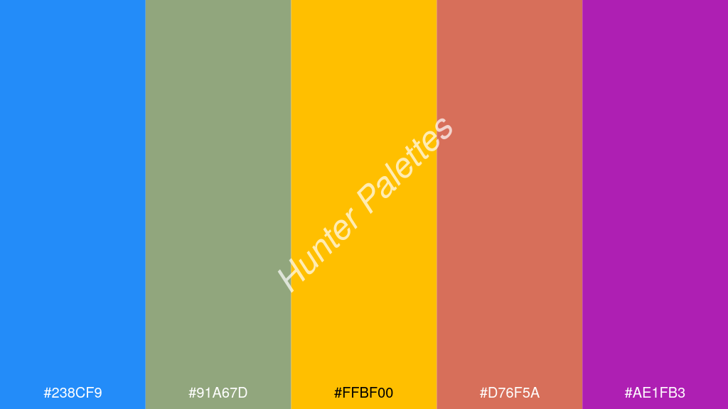 borostyán szín palettája a következőkkel: #238cf9 #91a67d #ffbf00 #d76f5a #ae1fb3