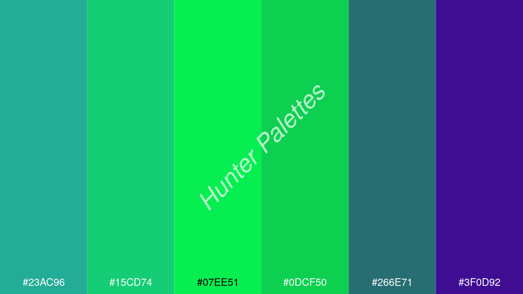 fluoreszkáló zöld szín palettája a következőkkel: #23ac96 #15cd74 #07ee51 #0dcf50 #266e71 #3f0d92