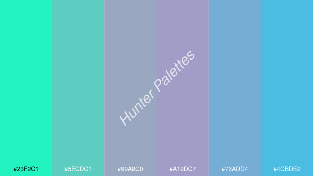 orgona szín palettája a következőkkel: #23f2c1 #5ecdc1 #99a8c0 #a19dc7 #76add4 #4cbde2