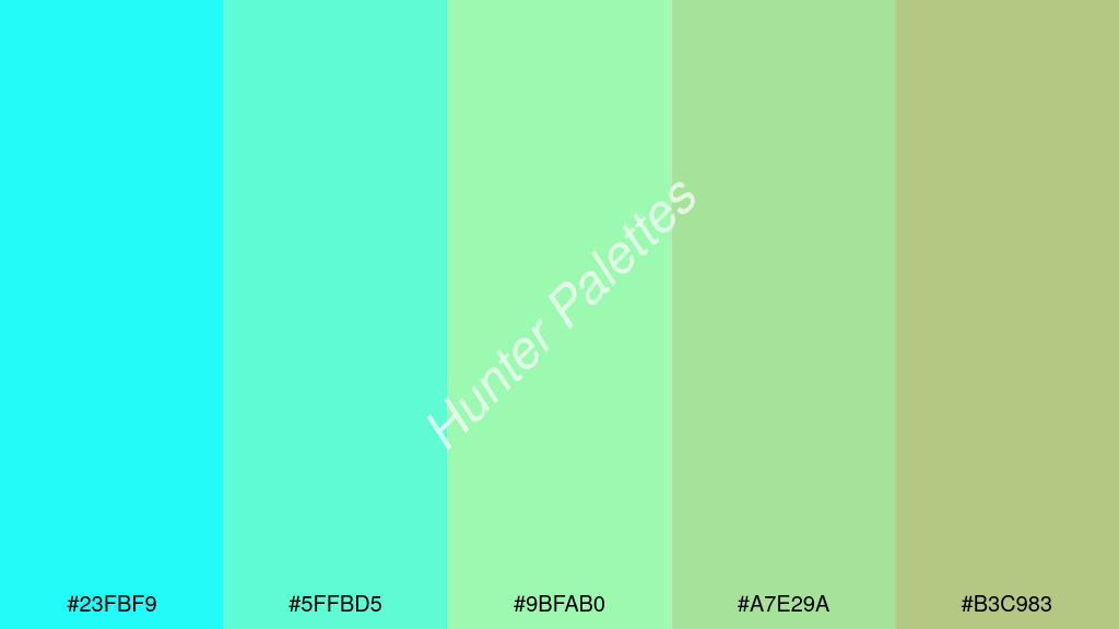menta szín palettája a következőkkel: #23fbf9 #5ffbd5 #9bfab0 #a7e29a #b3c983