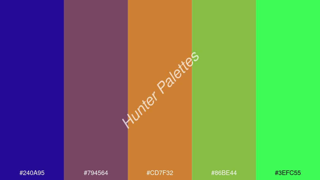 bronz szín palettája a következőkkel: #240a95 #794564 #cd7f32 #86be44 #3efc55