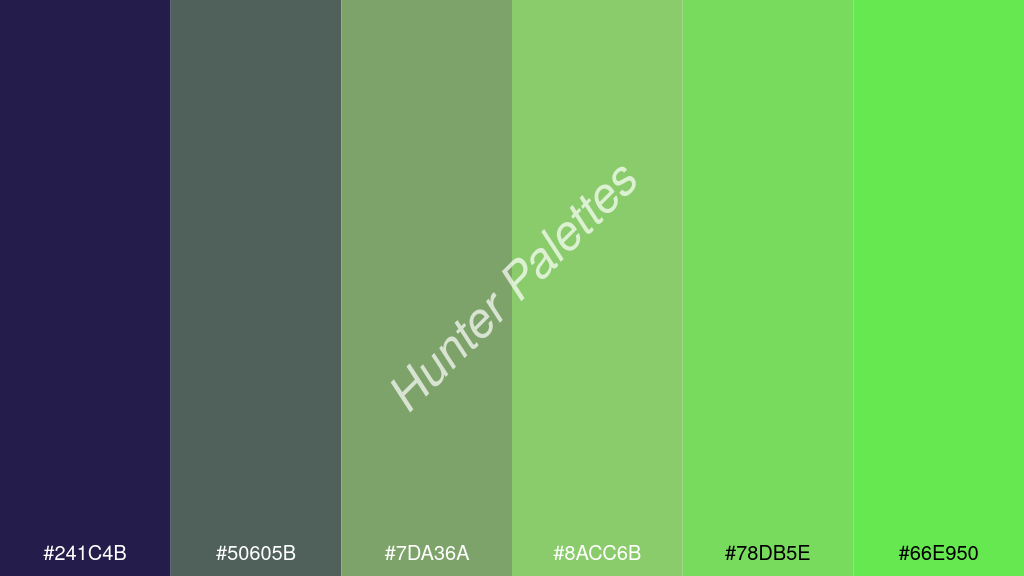 pisztáciazöld szín palettája a következőkkel: #241c4b #50605b #7da36a #8acc6b #78db5e #66e950
