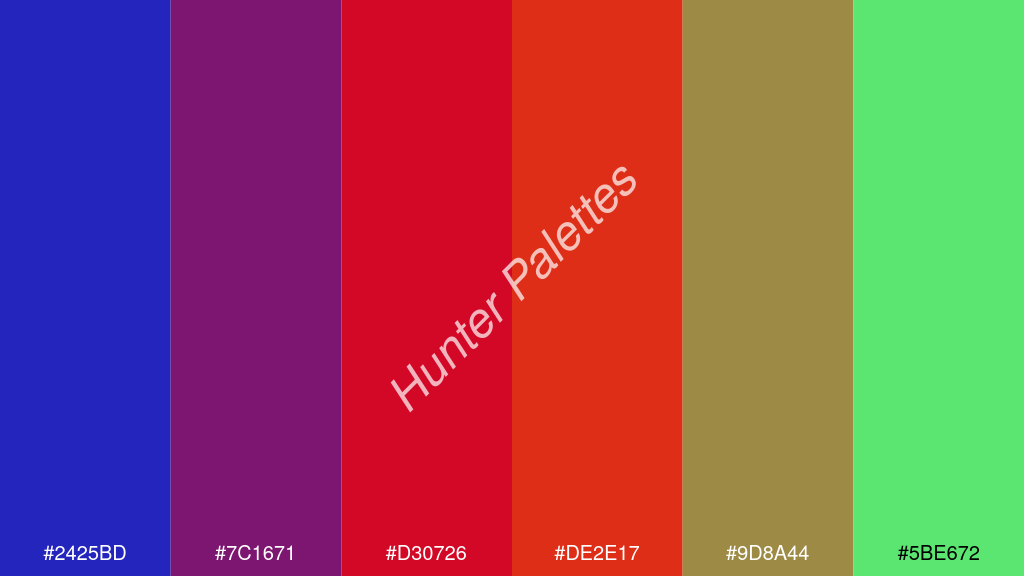 vörös szín palettája a következőkkel: #2425bd #7c1671 #d30726 #de2e17 #9d8a44 #5be672