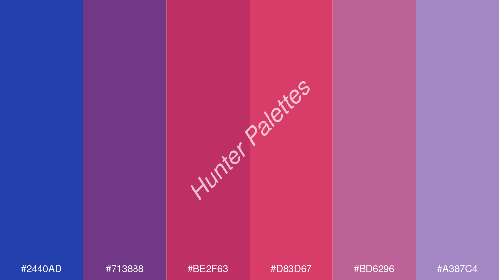 amarant szín palettája a következőkkel: #2440ad #713888 #be2f63 #d83d67 #bd6296 #a387c4
