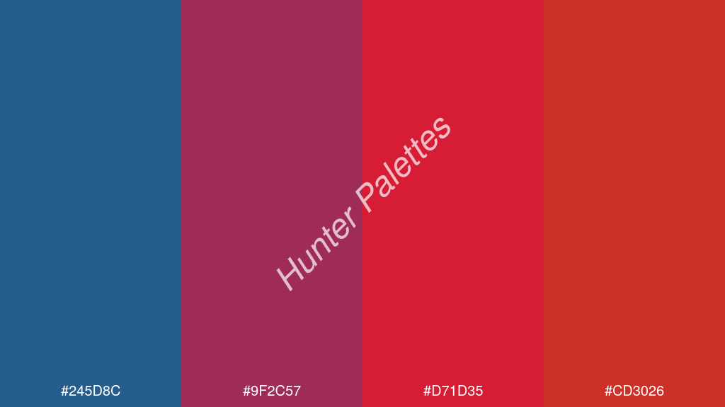 bíbor szín palettája a következőkkel: #245d8c #9f2c57 #d71d35 #cd3026