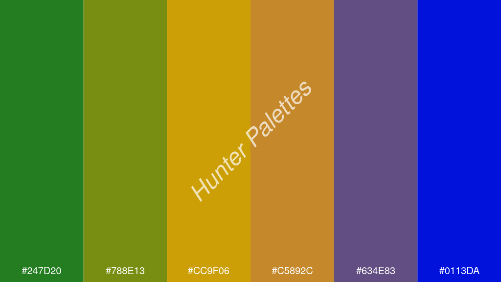 mustársárga szín palettája a következőkkel: #247d20 #788e13 #cc9f06 #c5892c #634e83 #0113da