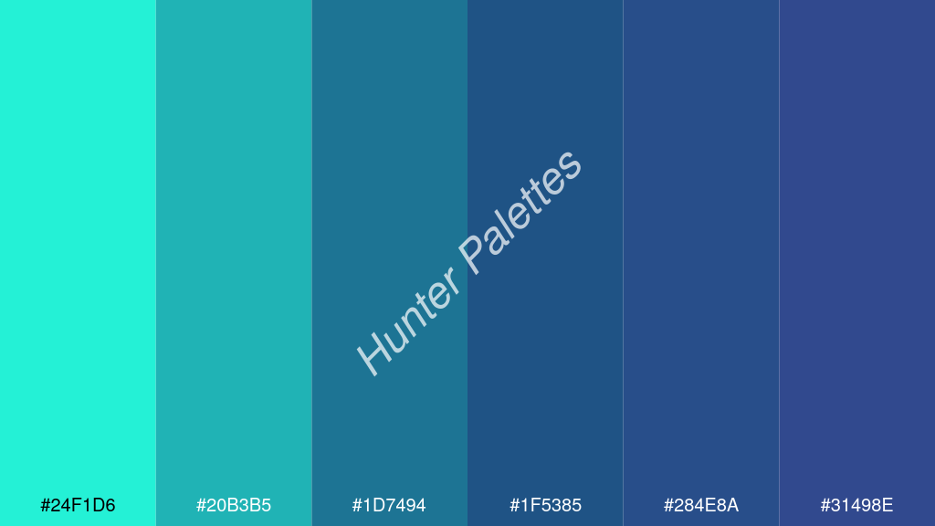 Capri kék szín palettája a következőkkel: #24f1d6 #20b3b5 #1d7494 #1f5385 #284e8a #31498e