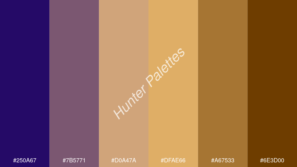 dinnye szín palettája a következőkkel: #250a67 #7b5771 #d0a47a #dfae66 #a67533 #6e3d00