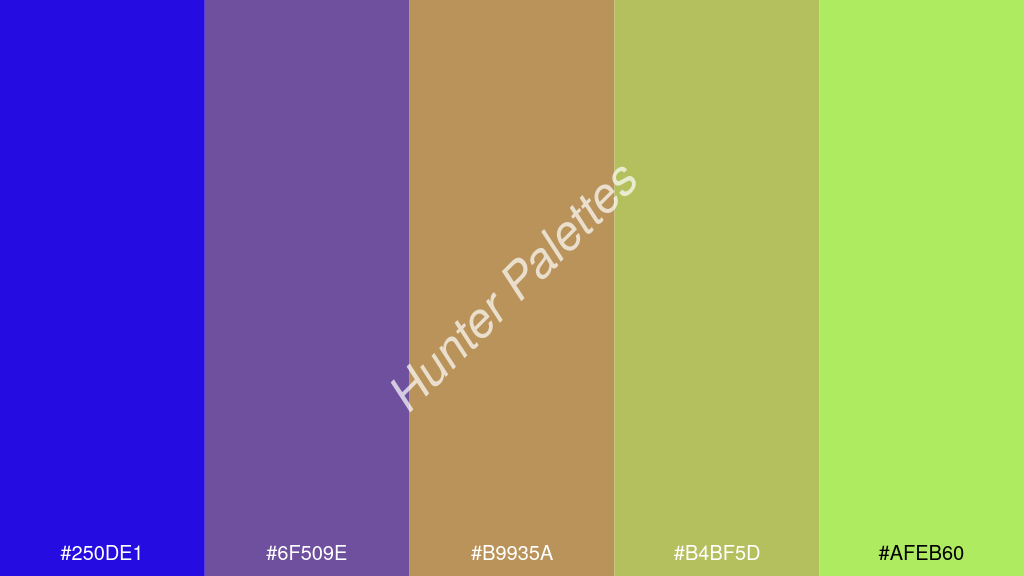 okker szín palettája a következőkkel: #250de1 #6f509e #b9935a #b4bf5d #afeb60