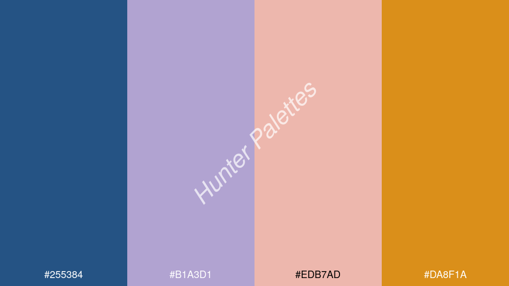 világos rózsaszín szín palettája a következőkkel: #255384 #b1a3d1 #edb7ad #da8f1a