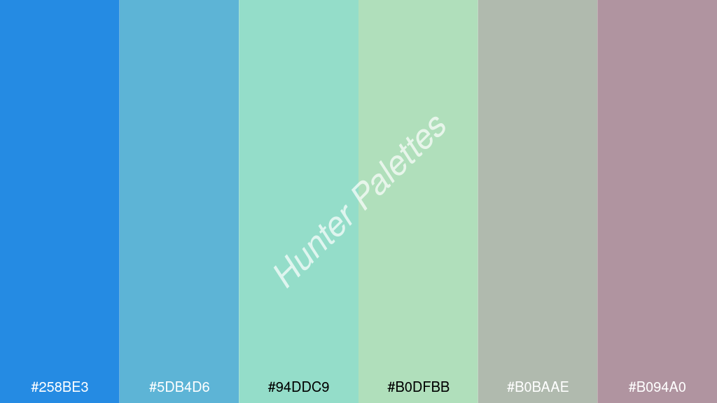 pasztellzöld szín palettája a következőkkel: #258be3 #5db4d6 #94ddc9 #b0dfbb #b0baae #b094a0