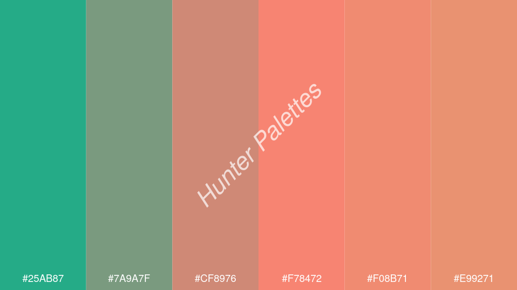 lazac szín palettája a következőkkel: #25ab87 #7a9a7f #cf8976 #f78472 #f08b71 #e99271