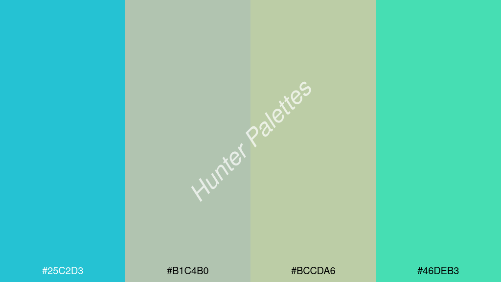őszibarack szín palettája a következőkkel: #25c2d3 #b1c4b0 #bccda6 #46deb3