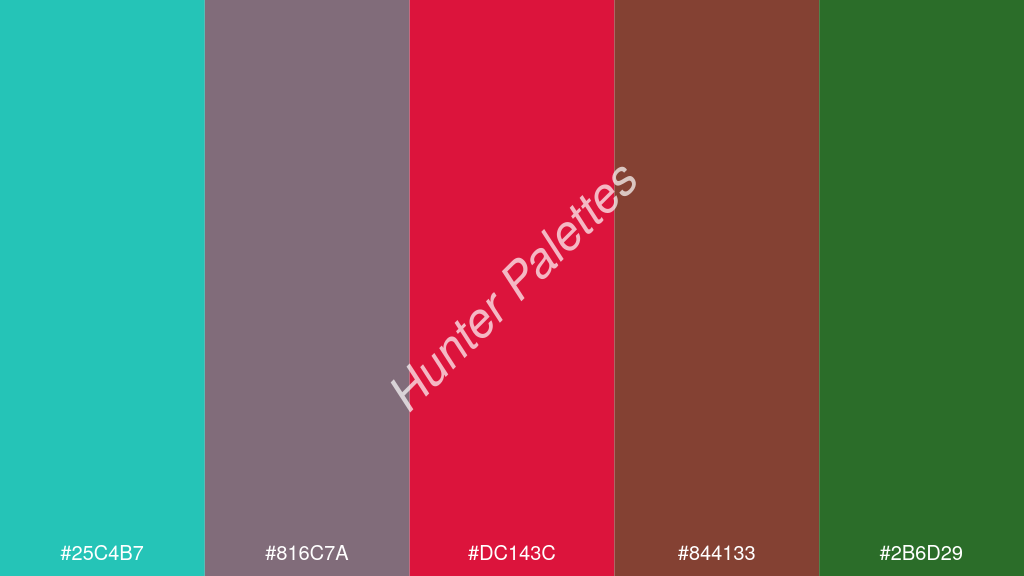 bíbor szín palettája a következőkkel: #25c4b7 #816c7a #dc143c #844133 #2b6d29