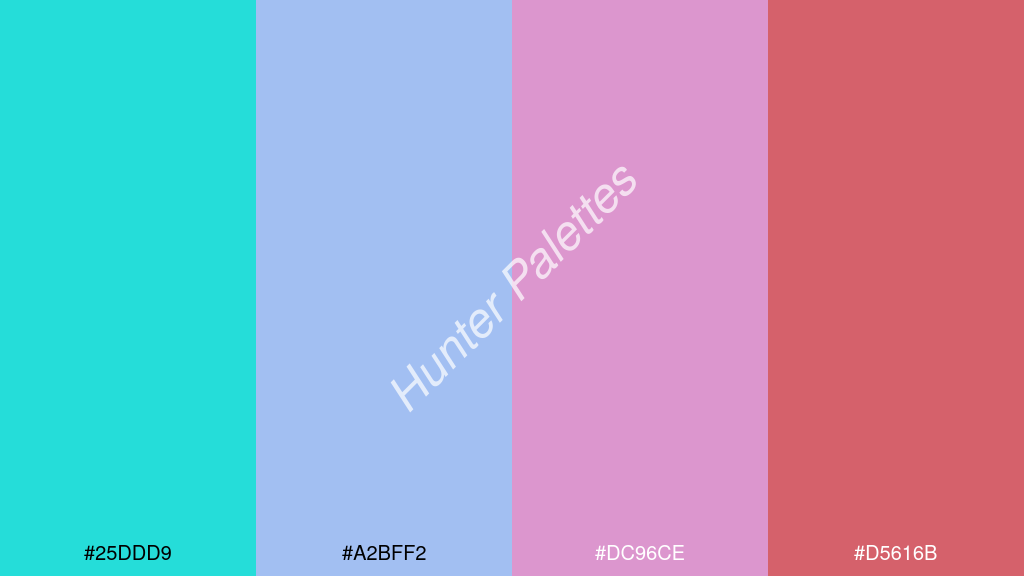 mályva szín palettája a következőkkel: #25ddd9 #a2bff2 #dc96ce #d5616b