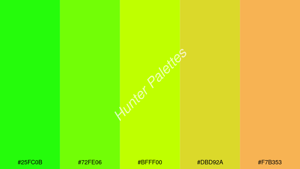 limezöld szín palettája a következőkkel: #25fc0b #72fe06 #bfff00 #dbd92a #f7b353