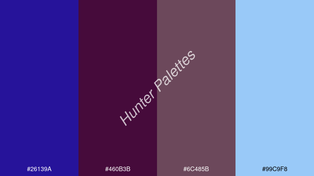 bor szín palettája a következőkkel: #26139a #460b3b #6c485b #99c9f8