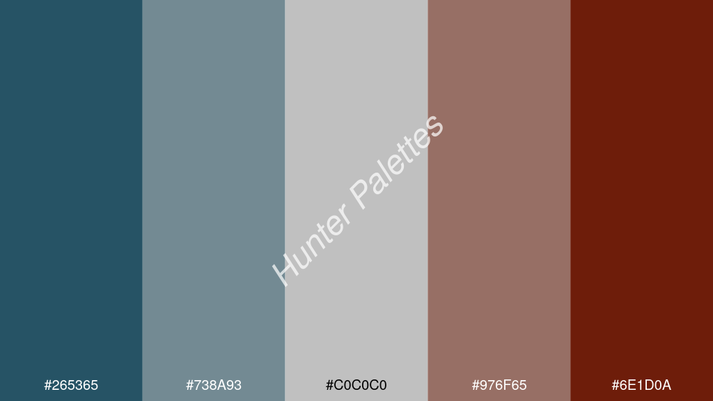 ezüstszürke szín palettája a következőkkel: #265365 #738a93 #c0c0c0 #976f65 #6e1d0a
