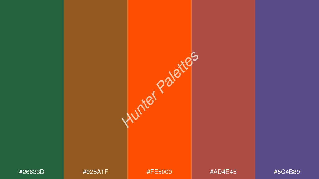 Pantone narancs szín palettája a következőkkel: #26633d #925a1f #fe5000 #ad4e45 #5c4b89