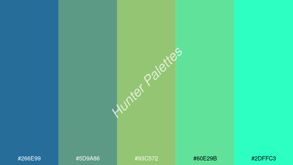 pisztáciazöld szín palettája a következőkkel: #266e99 #5d9a86 #93c572 #60e29b #2dffc3