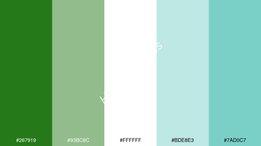 fehér szín palettája a következőkkel: #267919 #93bc8c #ffffff #bde8e3 #7ad0c7