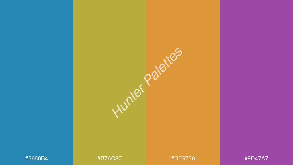 borostyán szín palettája a következőkkel: #2686b4 #b7ac3c #de9738 #9d47a7