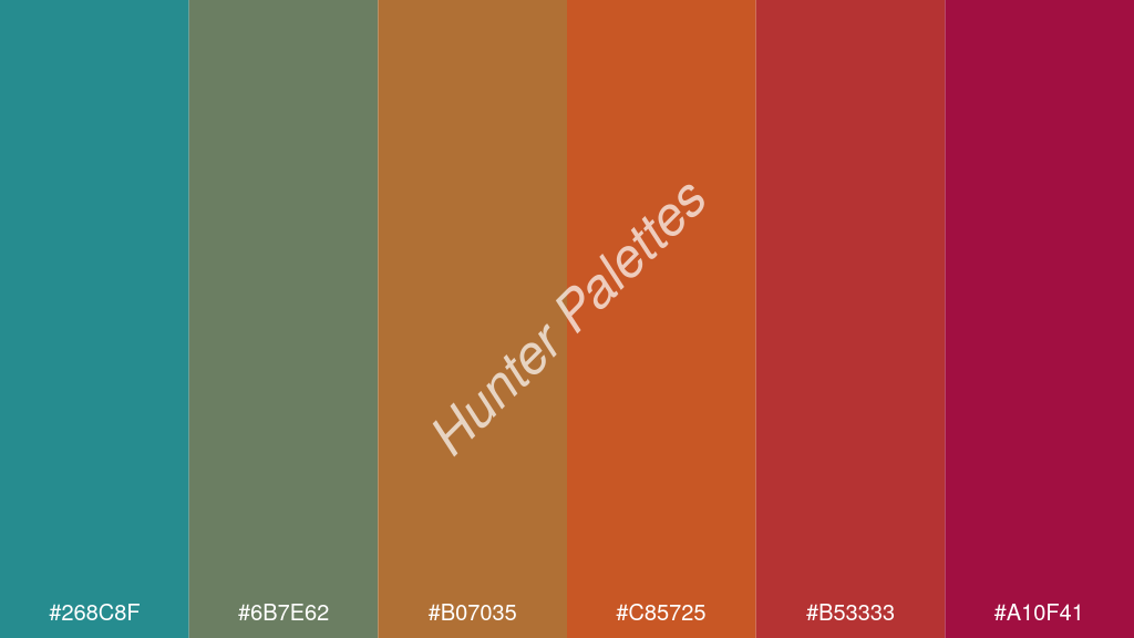 fahéj szín palettája a következőkkel: #268c8f #6b7e62 #b07035 #c85725 #b53333 #a10f41