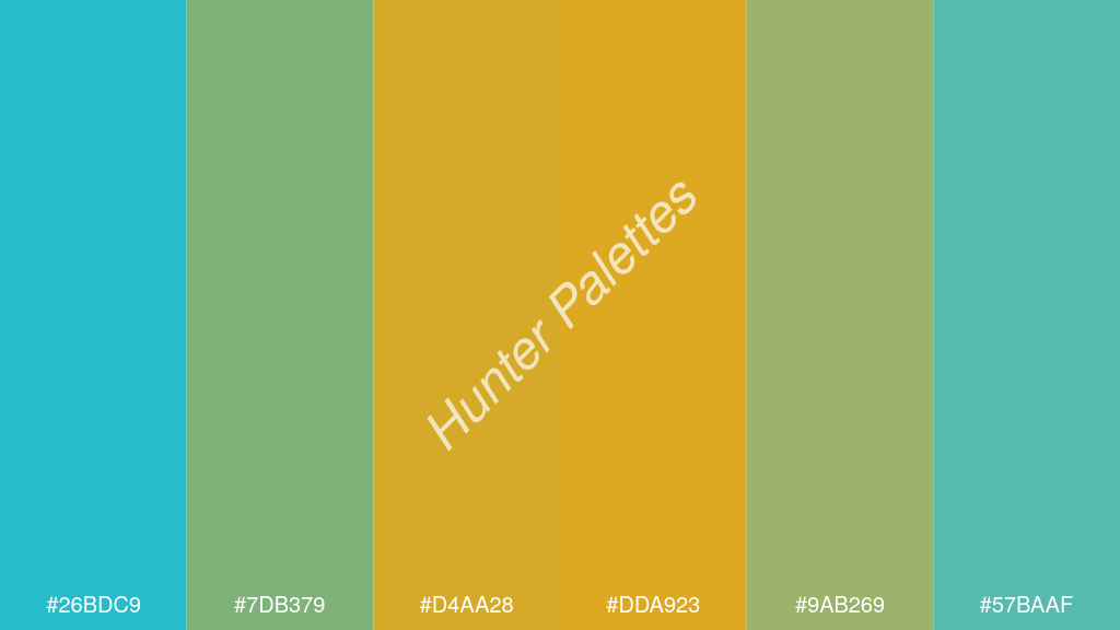 narancssárga szín palettája a következőkkel: #26bdc9 #7db379 #d4aa28 #dda923 #9ab269 #57baaf