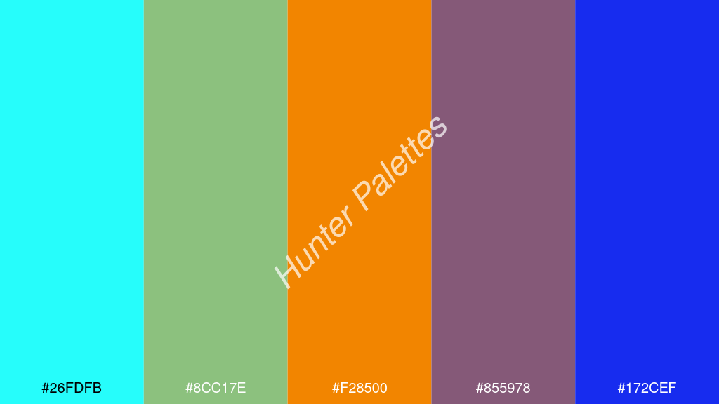 mandarin szín palettája a következőkkel: #26fdfb #8cc17e #f28500 #855978 #172cef