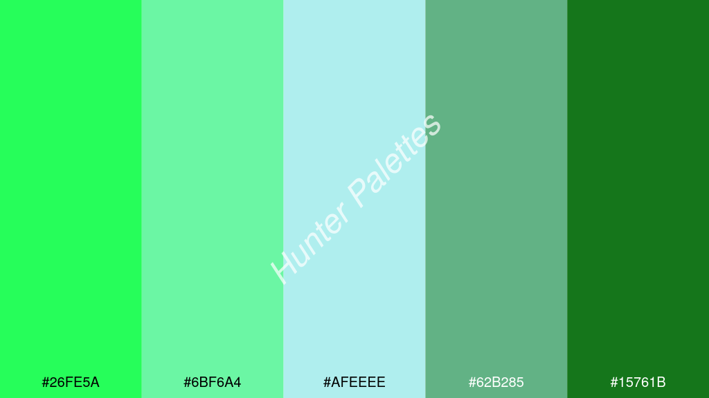 halvány türkiz szín palettája a következőkkel: #26fe5a #6bf6a4 #afeeee #62b285 #15761b