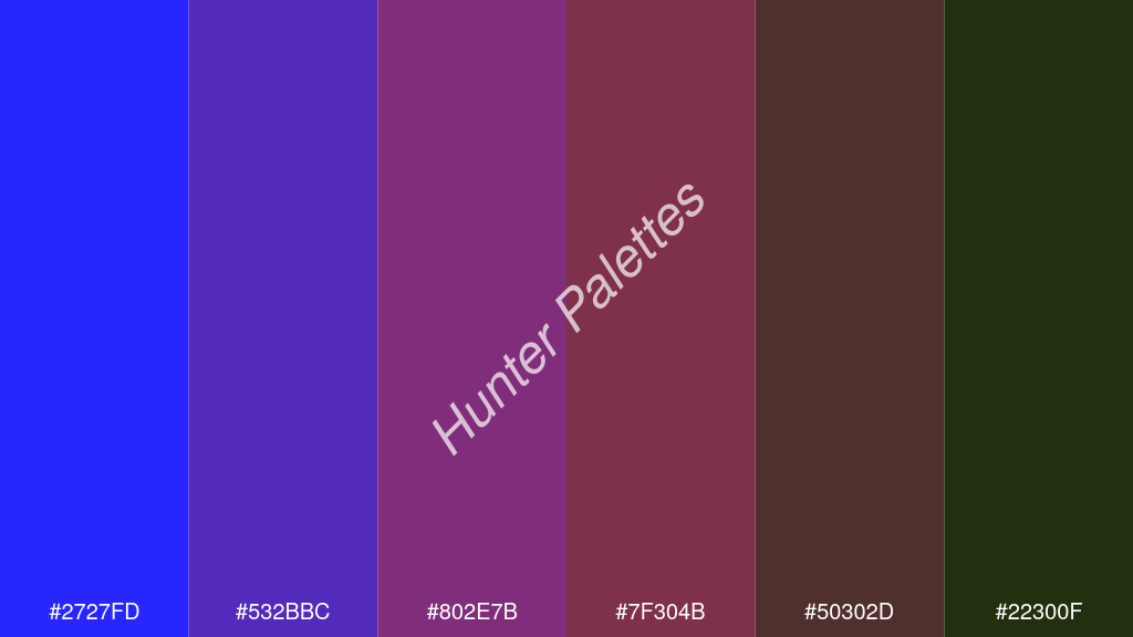 bordó szín palettája a következőkkel: #2727fd #532bbc #802e7b #7f304b #50302d #22300f