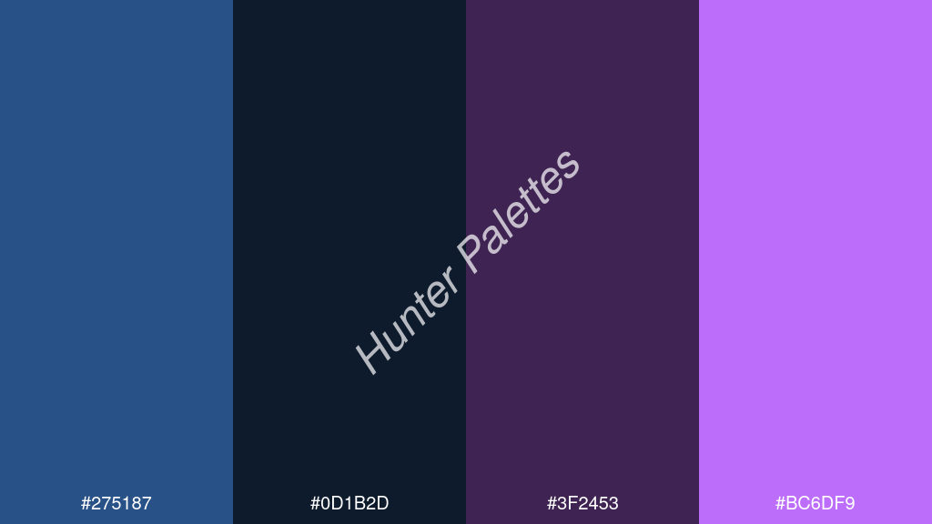 fekete szín palettája a következőkkel: #275187 #0d1b2d #3f2453 #bc6df9