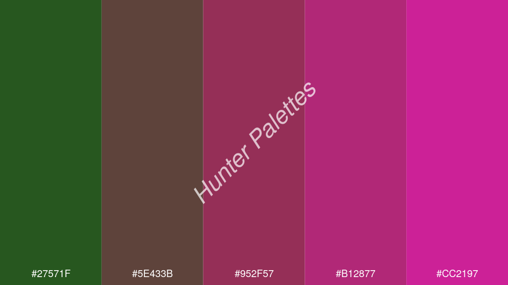 cseresznye szín palettája a következőkkel: #27571f #5e433b #952f57 #b12877 #cc2197