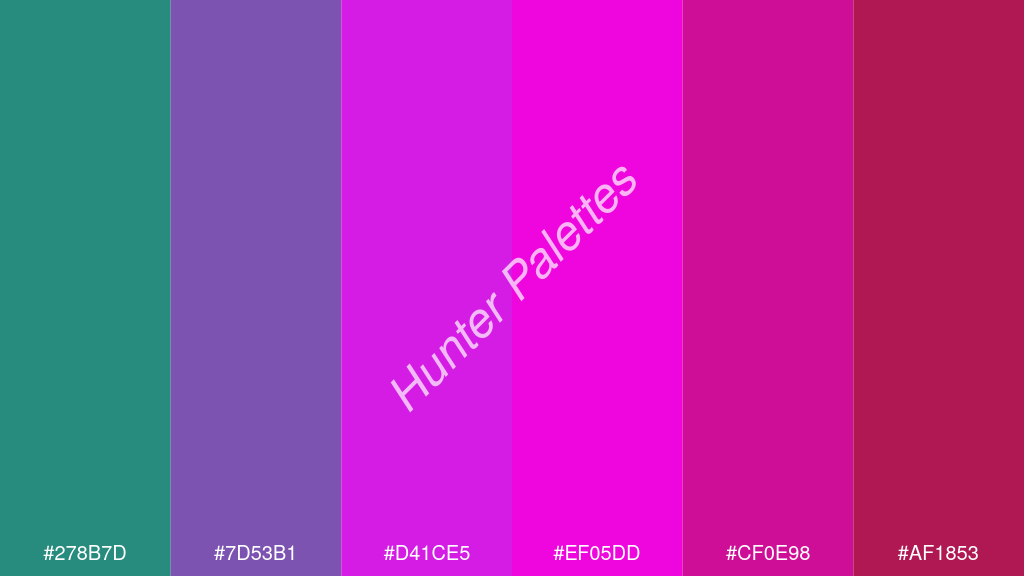 magenta szín palettája a következőkkel: #278b7d #7d53b1 #d41ce5 #ef05dd #cf0e98 #af1853