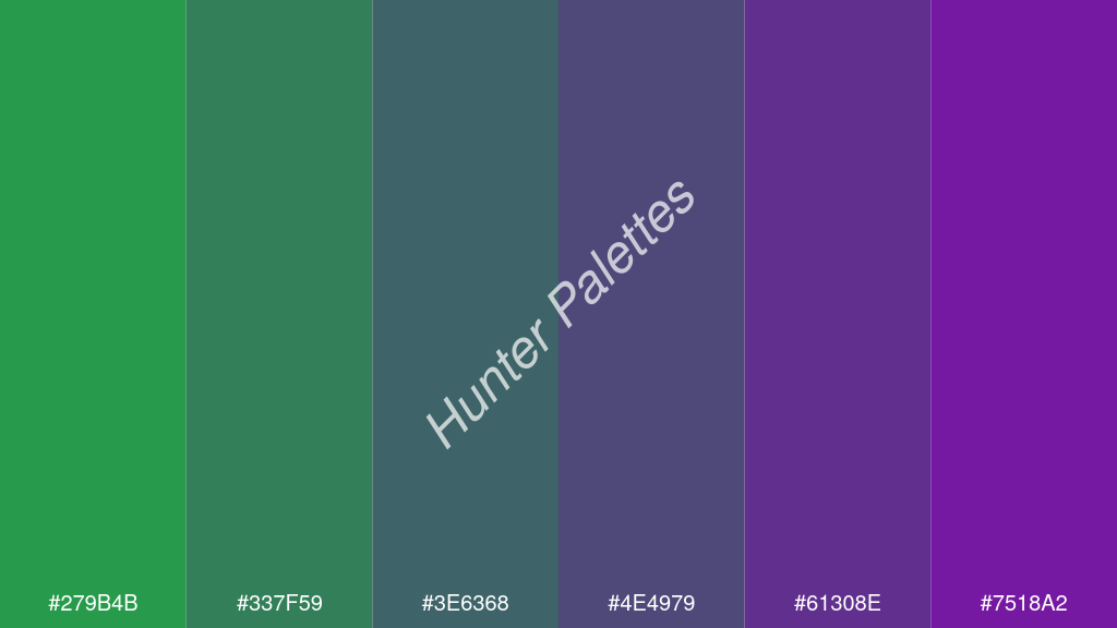 kékes szürke szín palettája a következőkkel: #279b4b #337f59 #3e6368 #4e4979 #61308e #7518a2